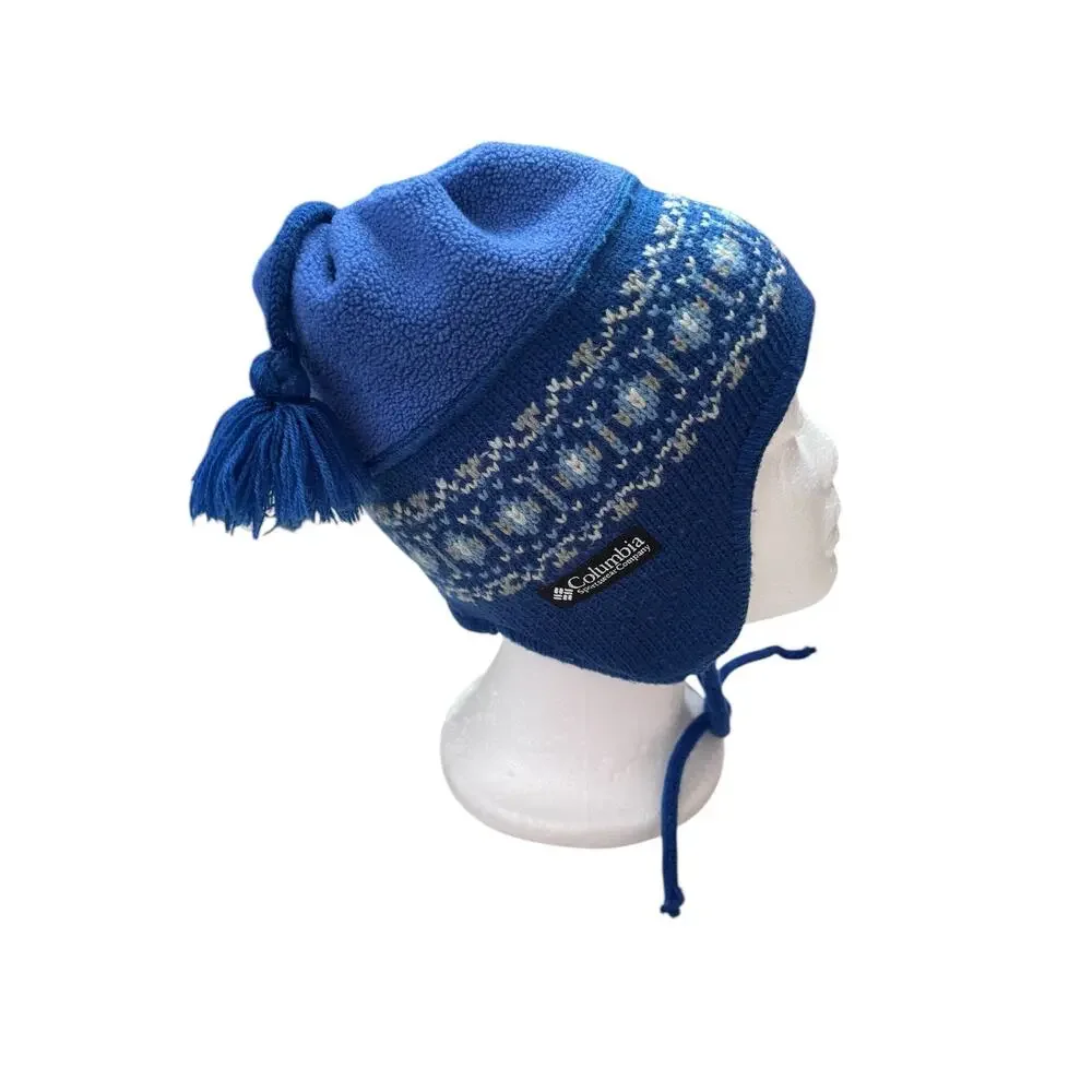 Vintage Y2K Columbia Fair Isle Beanie in Blue One Size Kids Fleece Lined Ties
